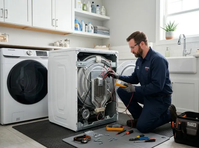 Appliance Repair Hero technician checking a dryer heating element with the rear panel off in Alsip, IL