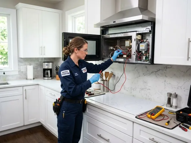 Appliance Repair Hero technician testing an over-the-range microwave in a Alsip, IL kitchen