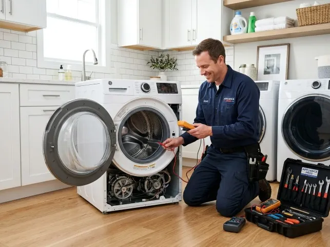 Appliance Repair Hero technician testing a front-load washer with a multimeter on a Alsip, IL service call